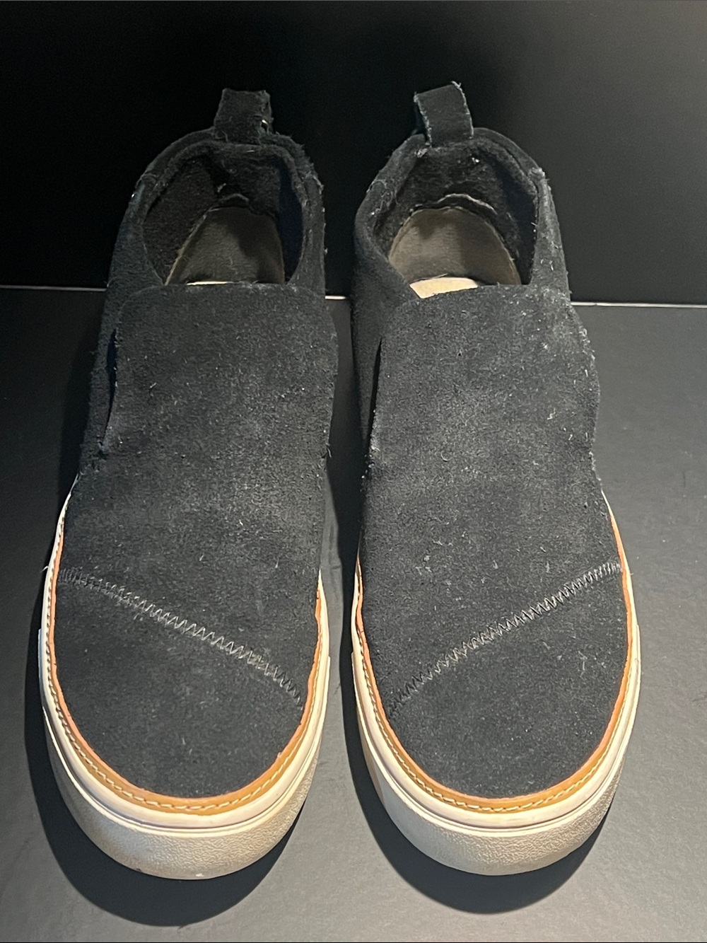 Toms Black Suede Slip-On Loafers with Tan Trim